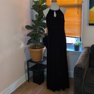 Elegant Maroon Color Halter Evening Dress with Beaded Neckline